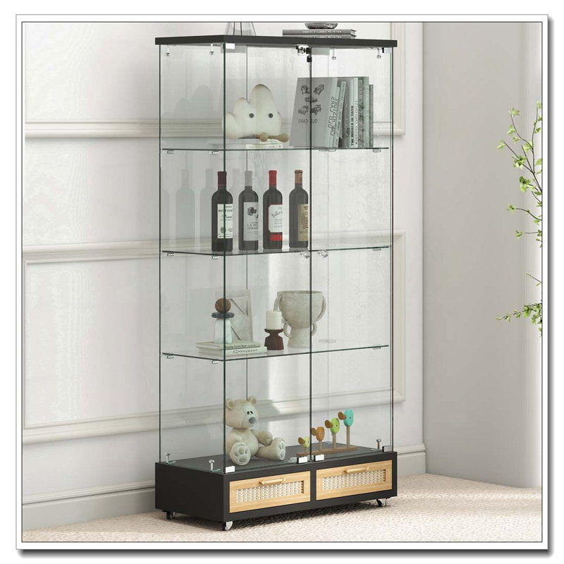 Vitrine moderne en verre avec 2 grands tiroirs et lumières DEL, Naturel/noir