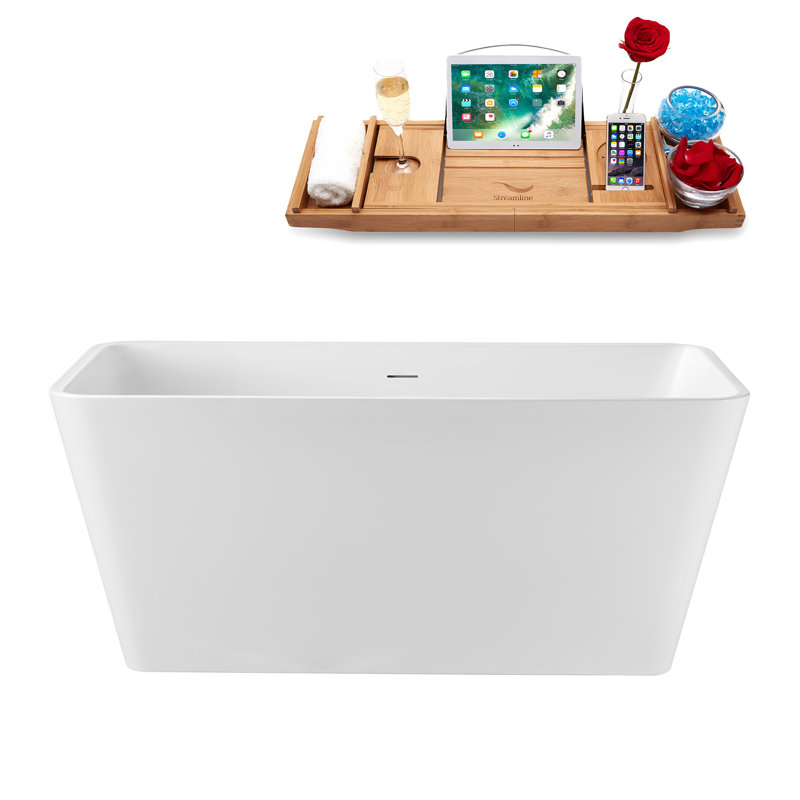 55" Streamline Soaking Glossy White Freestanding Tub and Tray With Internal Drain, Glossy White