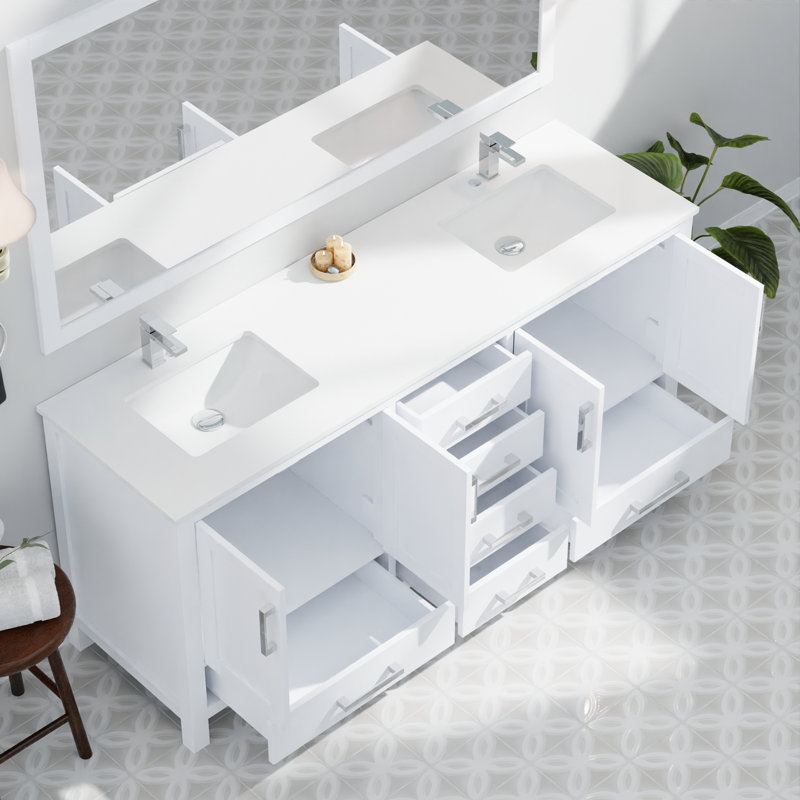 Meuble-lavabo double avec plateau en marbre de culture, Blanc