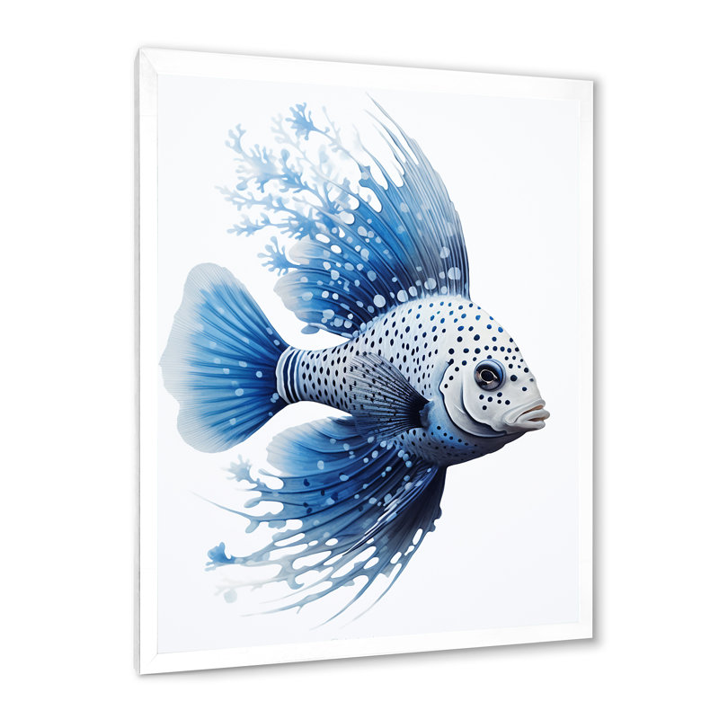 Croquis de poissons monochromes bleus et blancs I, Cadre simple blanc, H 44 po x l 34 po x P 1,5 po