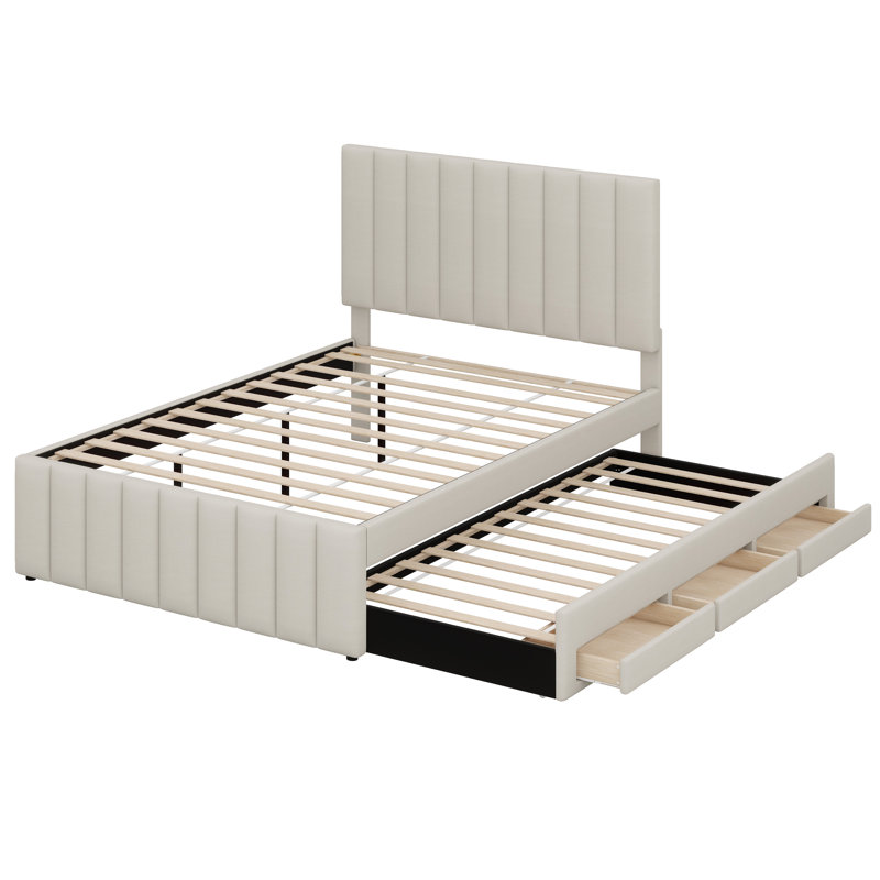 Lit plateforme tapissier avec lit gigogne et 3 tiroirs, Beige