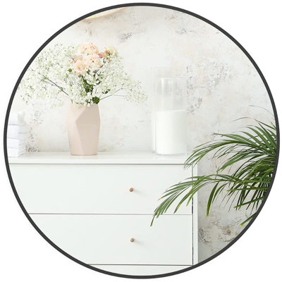 24 Inch Black Metal Framed Round Mirror For Bathroom Wall - Hd Glass, Rust Aluminum Frame, Shatterproof Film, Easy Hanging 4Mm Alloy Brushed Finish, Reinforced Hooks Installation