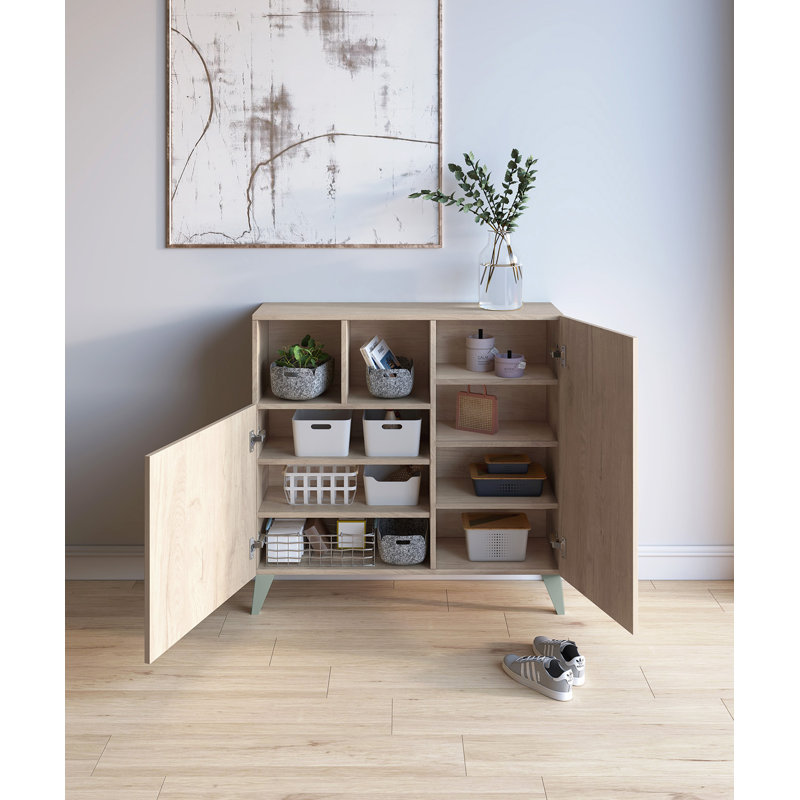 12 Pair Shoe Storage Cabinet, Light Oak/Green