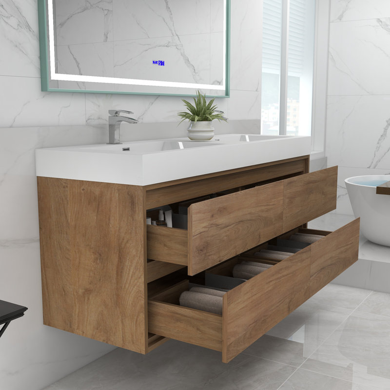 Base de meuble-lavabo mural 60 po avec dessus en acrylique renforcé Noble Moreno, Blanc