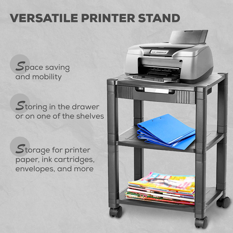 Black Rolling Printer Cart with Storage and Cable Management