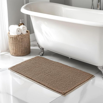 Bathroom Rugs Chenille Bath Rug Soft Short Plush Bath Mat Soft Shower Mat Water Absorbent Shower Mat Quick Dry Machine Washable(Brown,16" X 24")