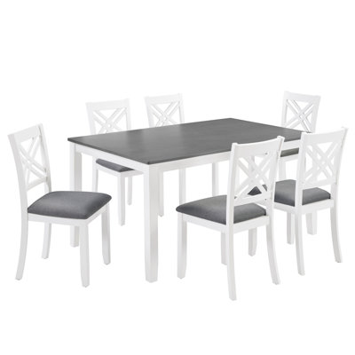 Modern 7-Piece Solid Wood Dining Set with 6 Upholstered Chairs – Grey & White Two-Tone Rectangular Table for 6, Space-Saving Kitchen & Dining Room Set