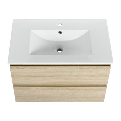 Lavabo de salle de bain mural en céramique 30 po, 2 tiroirs à fermeture en douceur - chêne moderne avec lavabo et 2 à fermeture en douceur