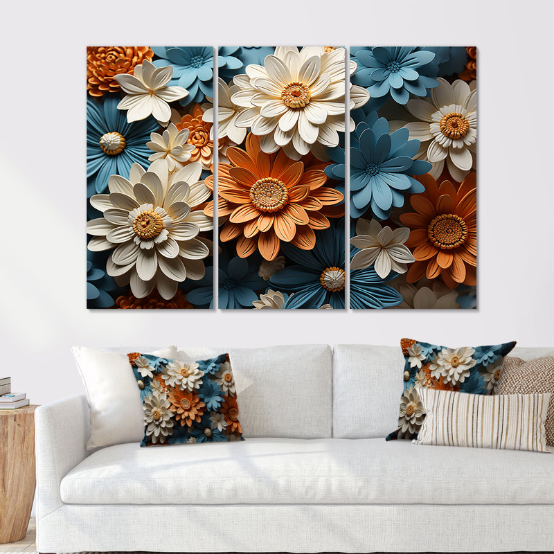 Ensemble de décorations murales colorées «Daisy Blossoming Abstraction II - Daisies», Toile tendue