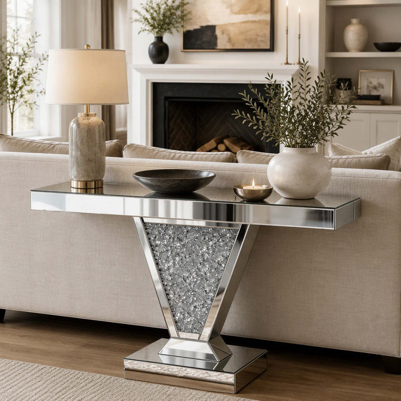 Console en miroir à écrasement de diamant, table de canapé moderne en verre réfléchissant pour hall d'entrée, table d'appoint rectangulaire en forme de V pour le couloir du salon