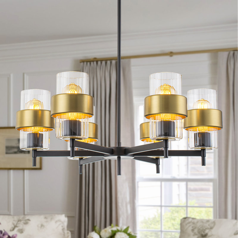 Lustre moderne à 6 lumières au fini noir mat et or avec abat-jour en verre côtelé transparent à hauteur réglable de 59 po pour îlot de cuisine de salon / salle à manger Homologué UL / ETL