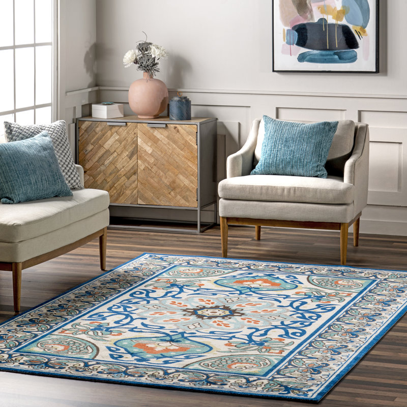 Tapis bleu à motif floral Kujawa, Rectangle 8 pi x 10 pi