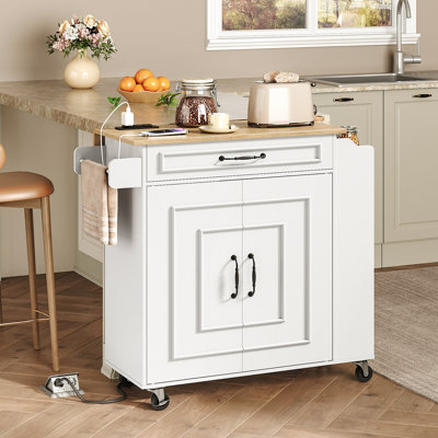 32.4" Kitchen Island with Power Outlets & Drop Leaf