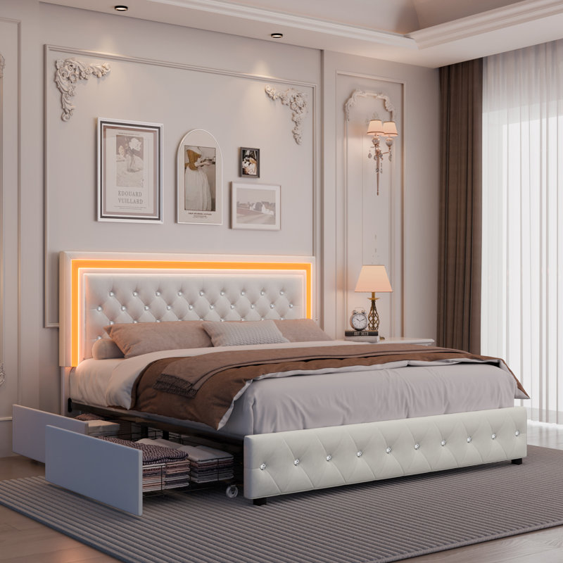 Structure de lit tapissier avec lumières DEL Rhythm Sync, tête de lit capitonnée à losange réglable, 4 tiroirs de rangement, aucun sommier nécessaire, velours crème
