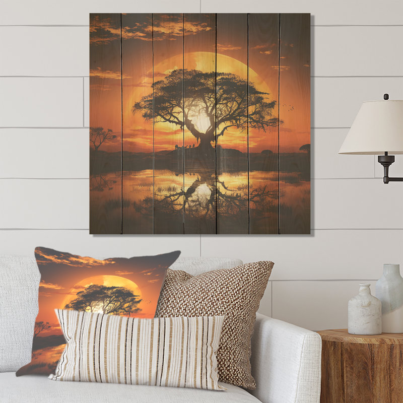 African Safari Tree Sunset Bliss - Arbre sur impression sur bois, H 36 po x l 36 po