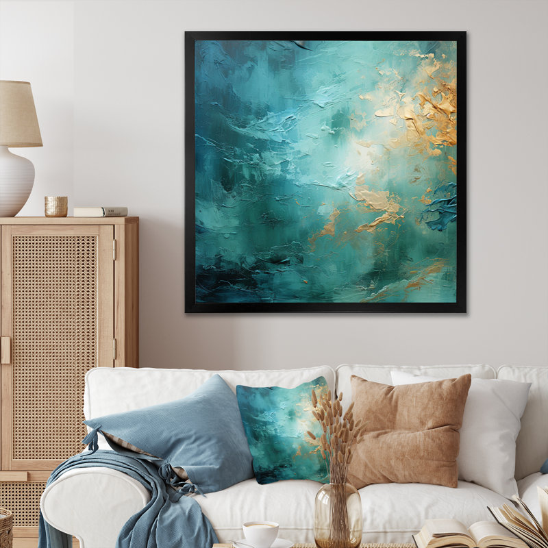 Teal Oasis III - Abstrait paysages, art mural, H 36 po x l 36 po x P 1,5 po, Cadre simple noir