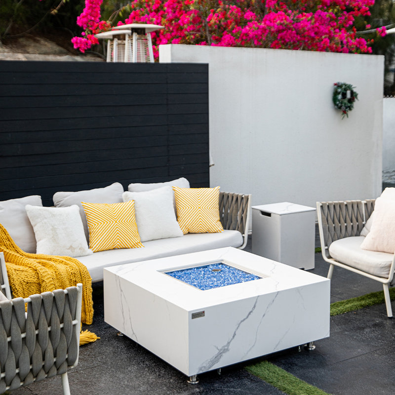 Bianco / Sofia 40" Outdoor Marble Porcelain Fire Table 60,000 BTU - Includes Fire Glass, Lid & PVC Cover, Propane