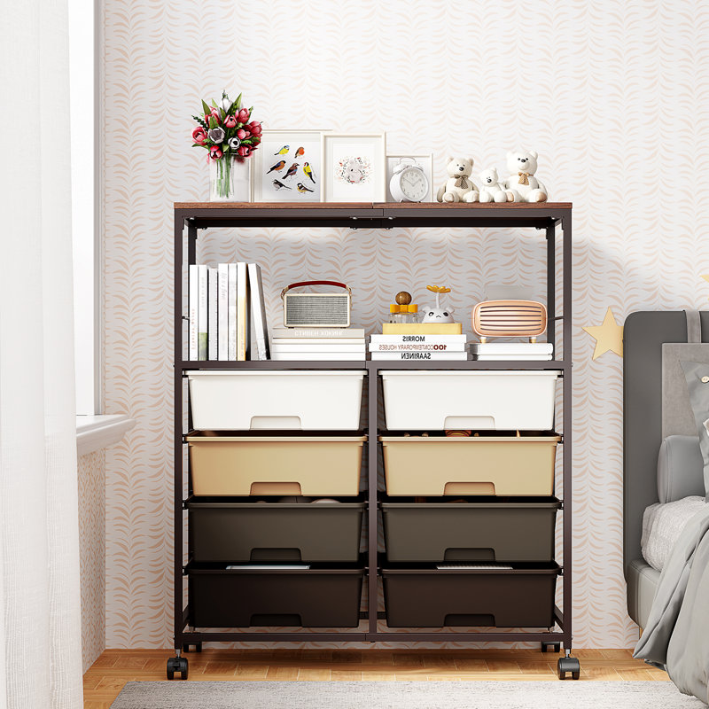 8 Drawers Rolling Storage Cart with Wooden Top,Plastic Storage Drawers,Rolling Cart with drawers,Drawer with Lockable Wheels