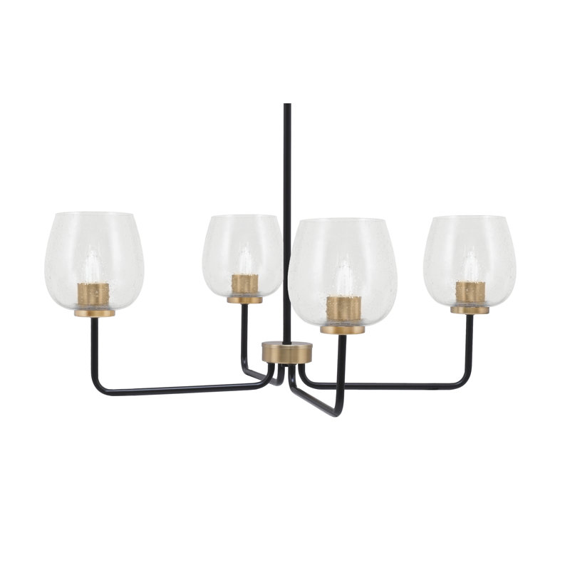 Lustre 4 lumières Amarmula, noir mat et laiton vieilli, verre bullé transparent de 6 po, Clair, Noir/laiton