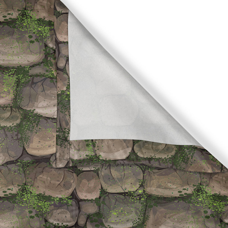 Rustic curtain, stones covered with moss, dark taupe fern green