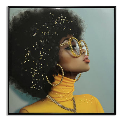 Afro in Yellow Canvas Wall Art - 25" x 25" - Black Frame