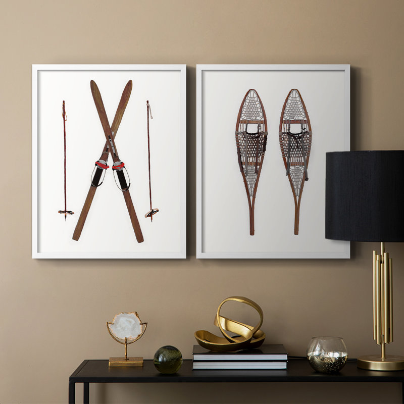 Skis rétro - reproduction encadrée de qualité supérieure - prêt à être accroché - aucun clou requis - aucun clou requis