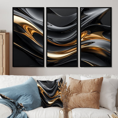 Captivating Gold and Black Marble III - Abstract Modern Waves, ensemble d'art mural