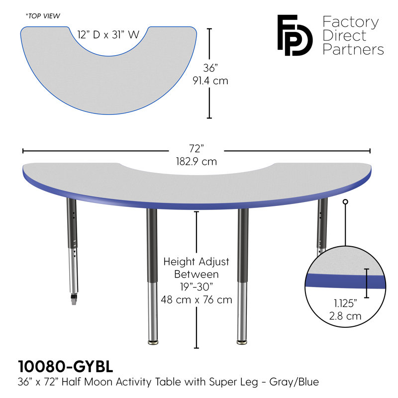Table d'activité demi-lune 36 "x 72" avec pieds réglables, Gray/Blue/Black, Super