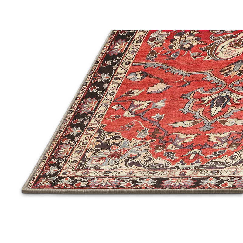 Tapis traditionnel rouge / noir Crymble, Rectangle 5 pi x 7 pi