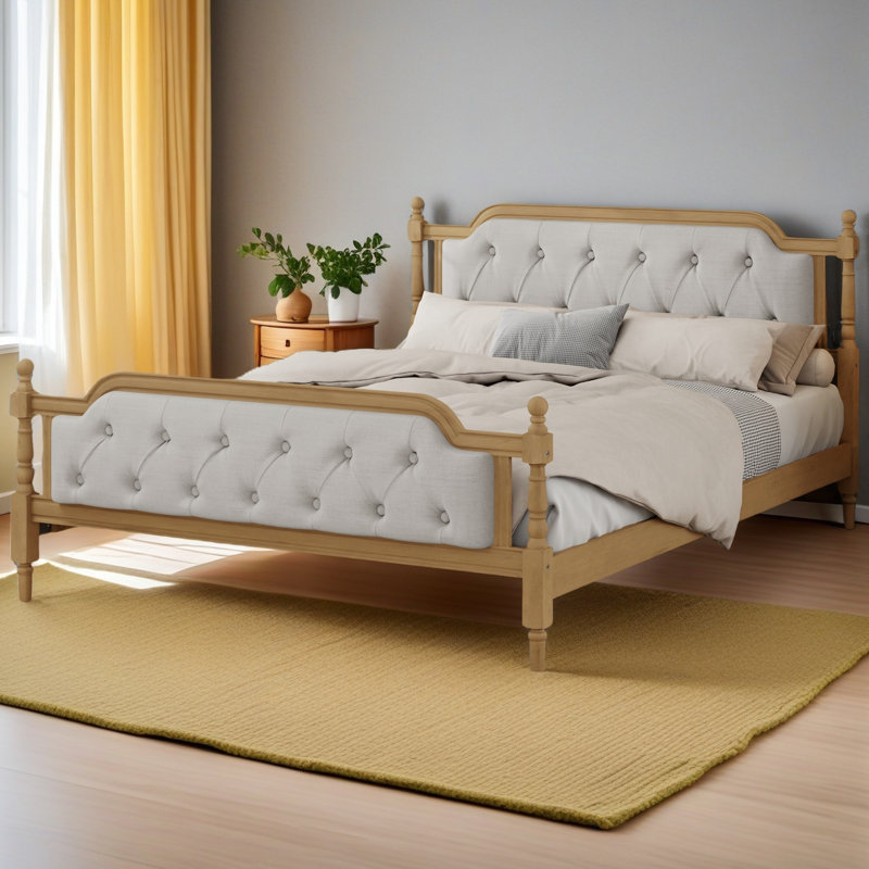 Solid Wood Bed Frame With Upholstered Tufted Headboard, King, Antique Walnut