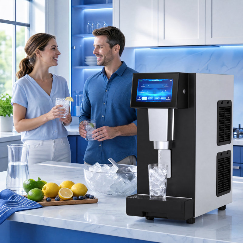 Machine à glaçons autoportante en acier inoxydable de taille standard 11,1 po avec contrôle tactile intelligent, distributeur d'eau et de glace, production de glace de 100 lb / 24 h et rangement de 18 lb.
