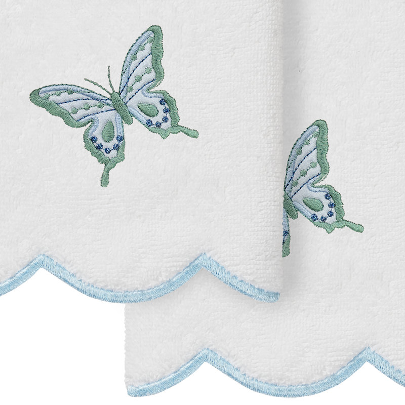 Linum Home Textiles 100% Turkish Cotton BRITNEY Scallop 2PC Embellished Fingertip Towel Set, White/Blue