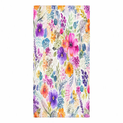 Serviette de plage florale 1Pcs, avec aquarelle en fleurs mauve, rose, orange et jaune avec des feuilles vertes sur fond blanc. Grande microfibre pour la natation, les voyages et le camping.