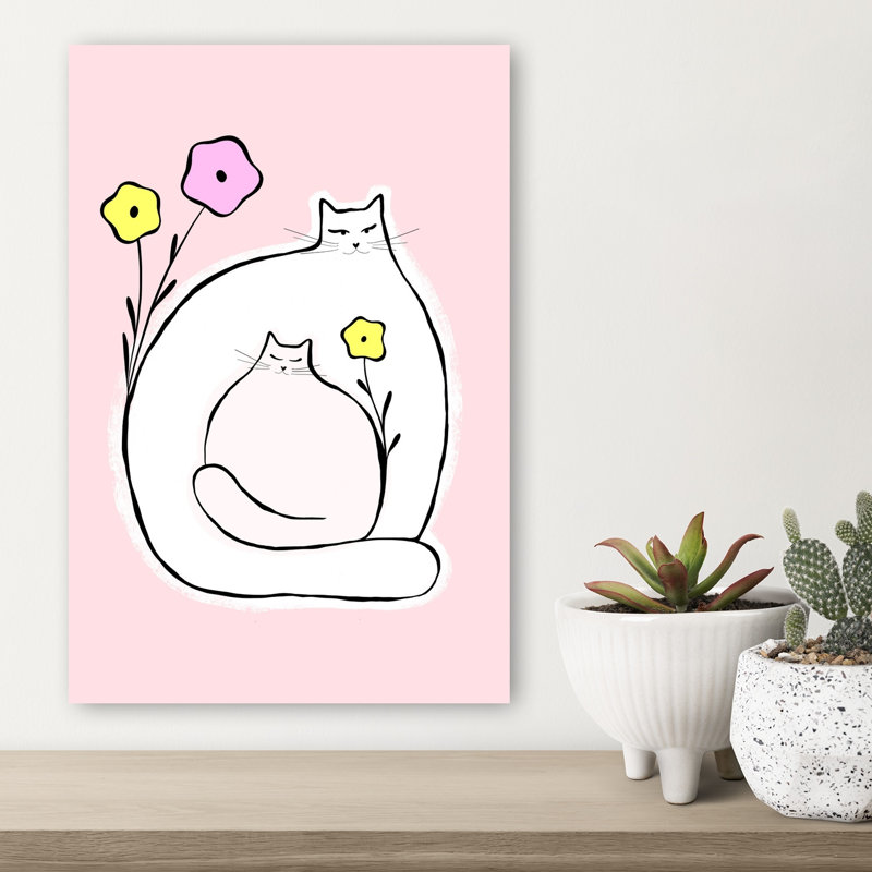 Cute Cat Family Whimsical Contemporary Cat Flower Wall Art Print by Dominique Vari - Wrapped Canvas Print