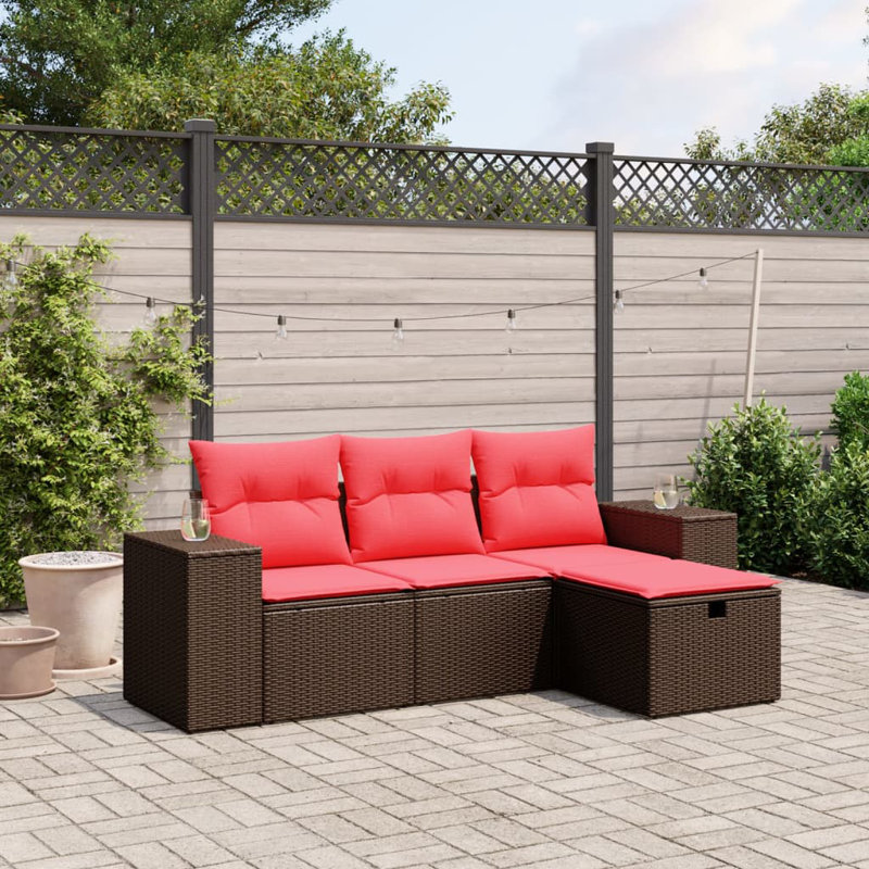 Ensemble de canapé de patio avec coussins 4 pièces Ebern Designs, Rouge, Brun