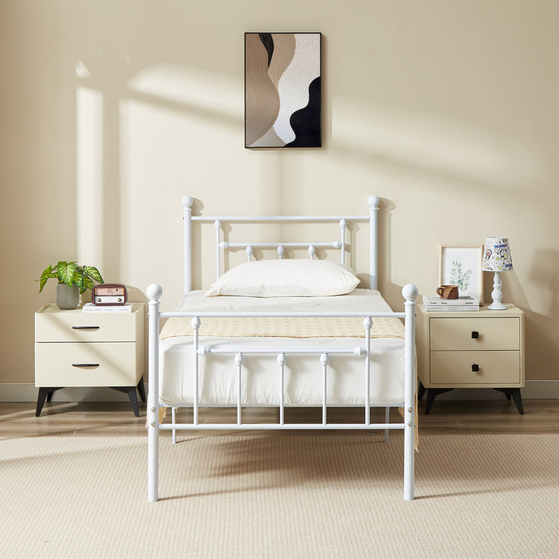 Double Metal Bed Frame with Headboard, White, Single (3')