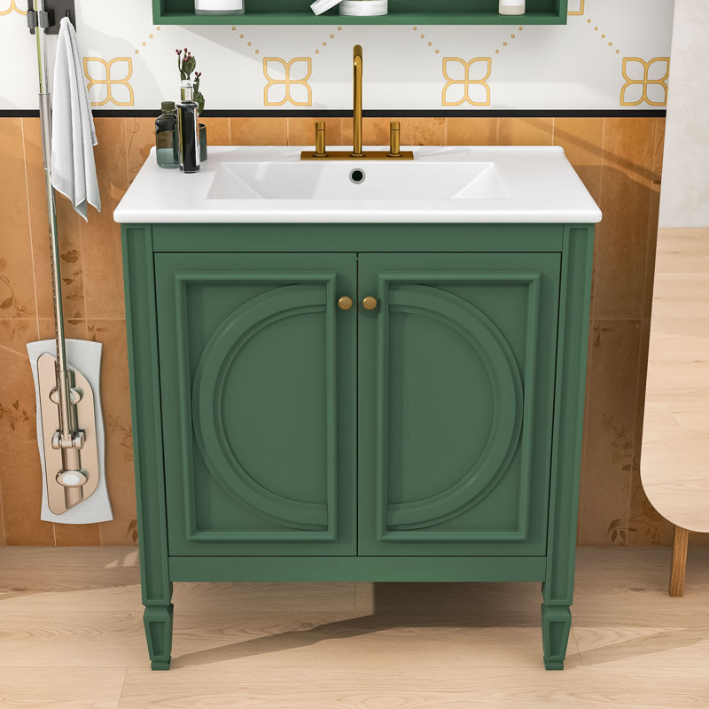 Meuble-lavabo vintage avec lavabo et tablettes réglables, Vert