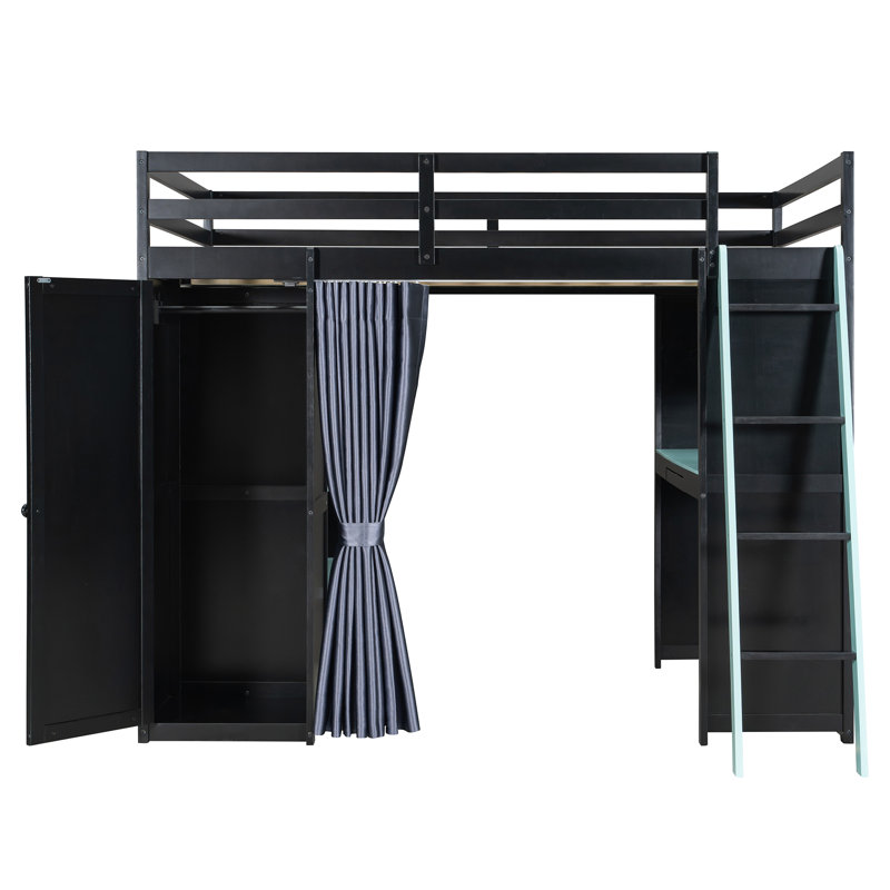 Modern Gaming Loft Bed With Desk, Lighted Pegboard, Storage Bookcase And Wardrobe, Blue