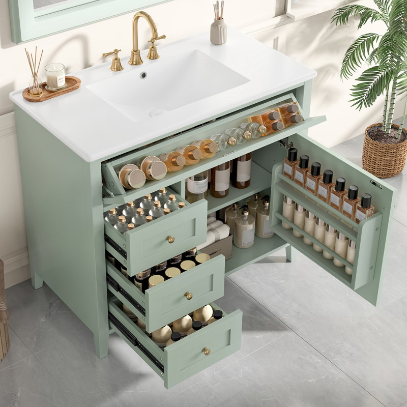Meuble-lavabo avec lavabo, 3 tiroirs et tablette réglable, Vert