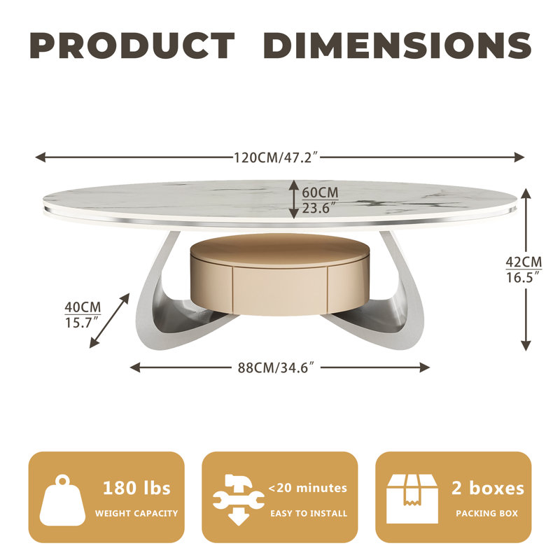 47.2'' Oval Coffee Table with Storage, Modern Center Table with Drawers, Sintered Stone Accent Table with Shelf and Metal Base for Living Room and Office