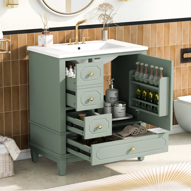 Meuble-lavabo simple 30 po avec lavabo en céramique vert clair 30 po, 3 tiroirs, porte à fermeture douce, structure en bois massif, autoportant