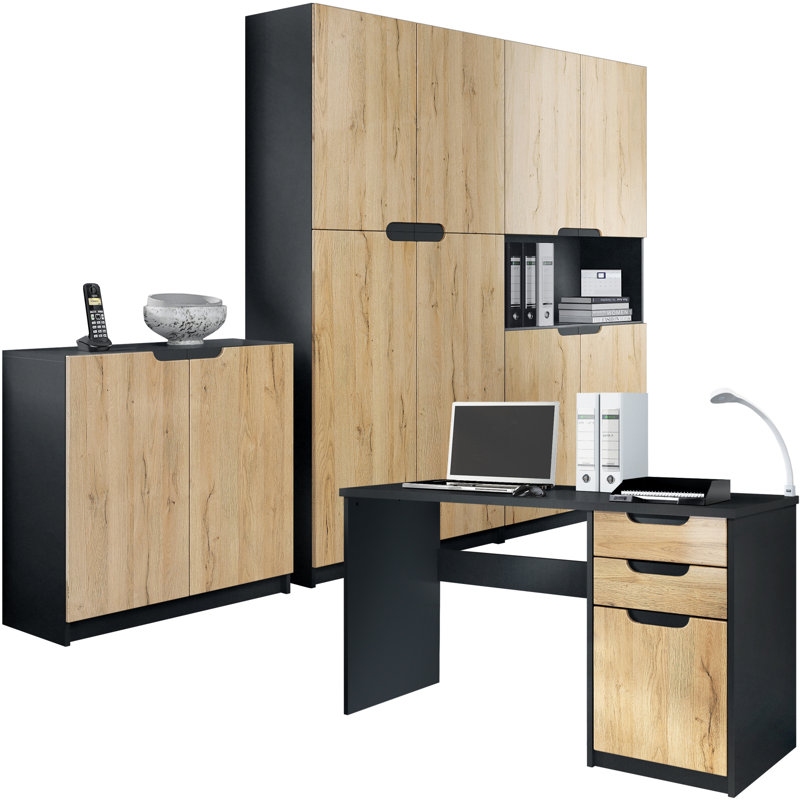 Mazeppa 3 Piece Writing Desk Office Set, Oak Nature/Black Base