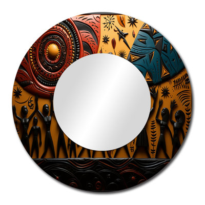 African Tribal Rhythms IX - African Tribal Large Wall Mirror, Orange Round Unique Mirror, Printed Metal Art