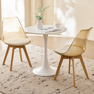 3-Piece Modern Dining Set, 23.6" White Round Tulip Table with 2 Clear Brown Acrylic Chairs
