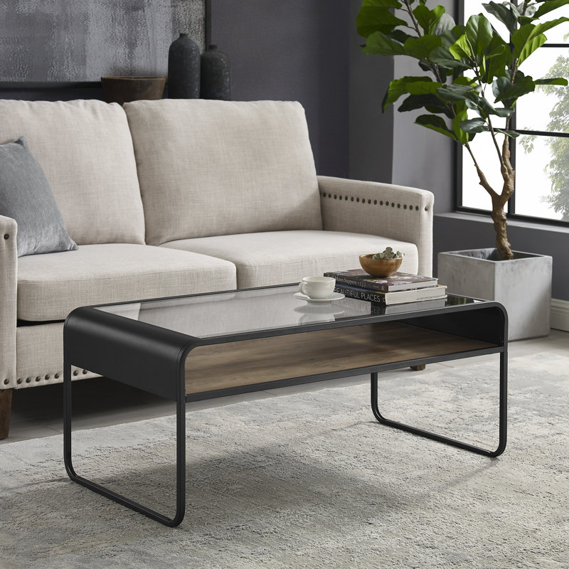 Pomona Glass Top Coffee Table, Dark Concrete/Reclaimed Barnwood