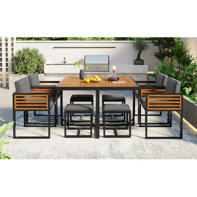 Ensemble de salle à manger 9 pièces pour patio en bois d'acacia, ensemble pour l'extérieur / patio peu encombrant, 4 chaises rembourrées, 4 repose-pieds et 1 table carrée pour la cour, le jardin, la terrasse et la piscine