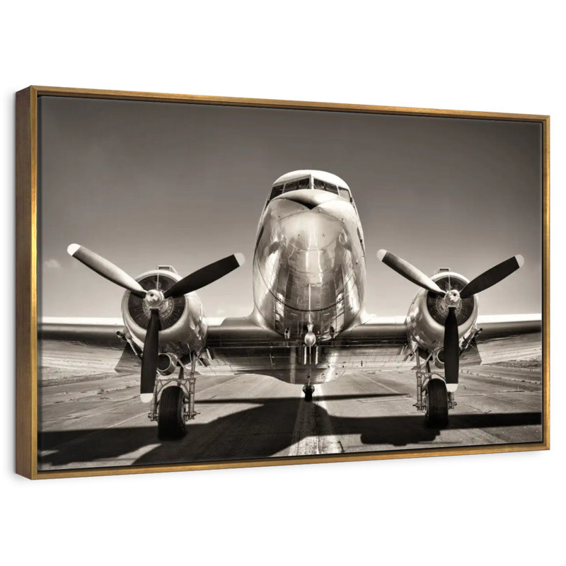 Avion rétro noir et blanc, Cadre flottant doré, 13 po x 9 po