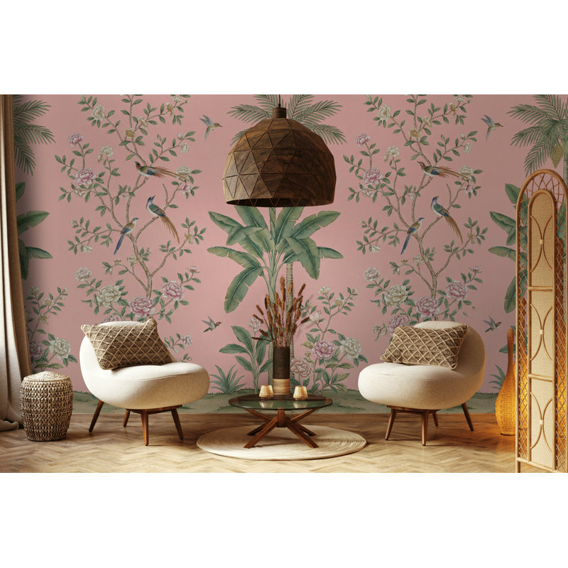 Papier peint floral oiseaux fond rose, Peler et coller, 200 po x 120 po