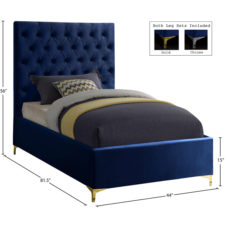 Lit plateforme tapissier Cruz, Lit simple, Velours marine