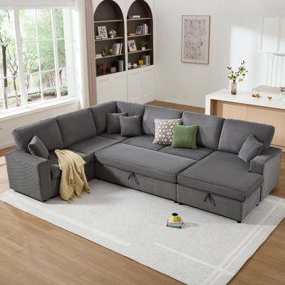 130" Wide U-Shaped Sectional Sofa With Multiple Storage Seats And 2-Seat Movable Ottoman, Gray Corduroy